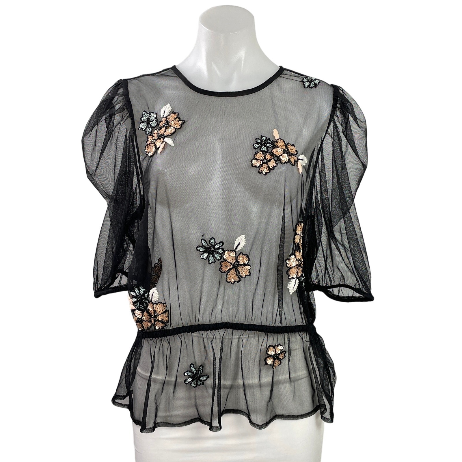 By Anthropologie Black Floral Embellished Sequin Sheer Mesh Peplum Crop Top Sz L